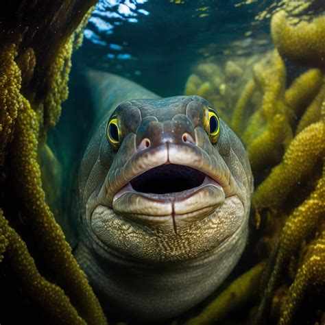 Premium Photo Moray Eel Fish Peeks Out Of Its Hole In The Algae