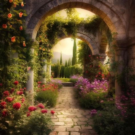 premium ai image  path   garden  flowers   bridge