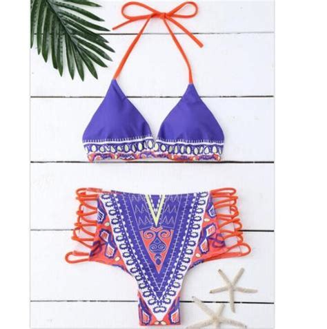 Sexy Halter Orange Straps Hollow High Waist Sapphire Blue Print Two Piece Bikini On Luulla