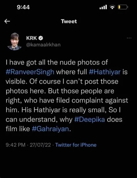 KRK In His Deleted Tweet Claims To Have Seen Uncensored Pictures Of Ranveer Singhs Nude Shoot