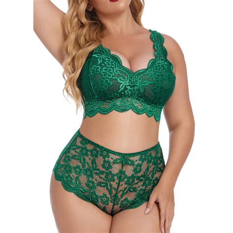 Riforla Plus Size Lingerie V Neck High Waist Floral Lace Criss Cross Bra And Panty 2 Piece Set