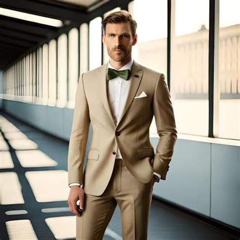 A Man Wearing A Tan Suit And Bow Tie Standing In Front Of A Window With