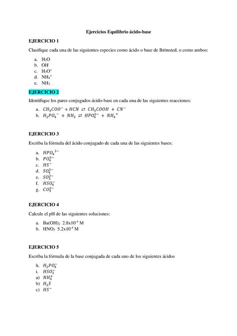 Ejercicios ácidos y bases p H Ejercicios Equilibrio ácido base