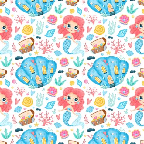 Premium Vector Cute Cartoon Mermaids Seamless Pattern Underwater