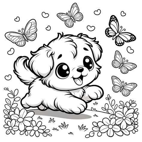 Dessin Gratuit Coloriage Chiot Mignon Jouant Avec Des Papillons