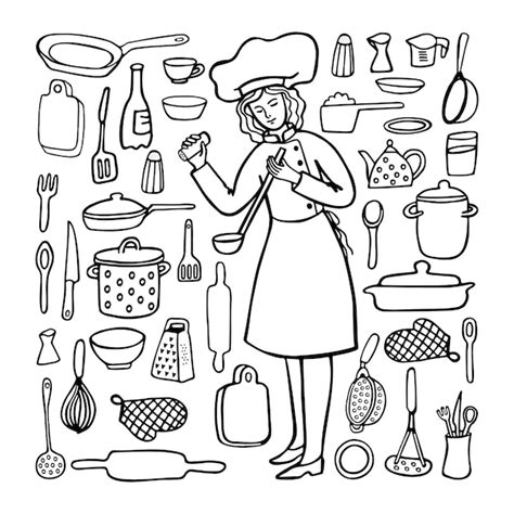 Mujer Chef Y Utensilios De Cocina Dibujo En Blanco Y Negro Al Estilo