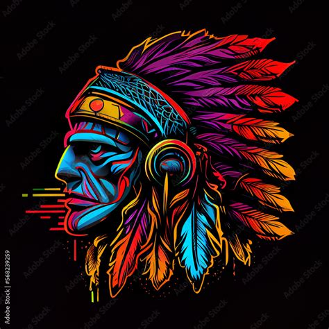 neon colored native american illustration in black background Stock ...