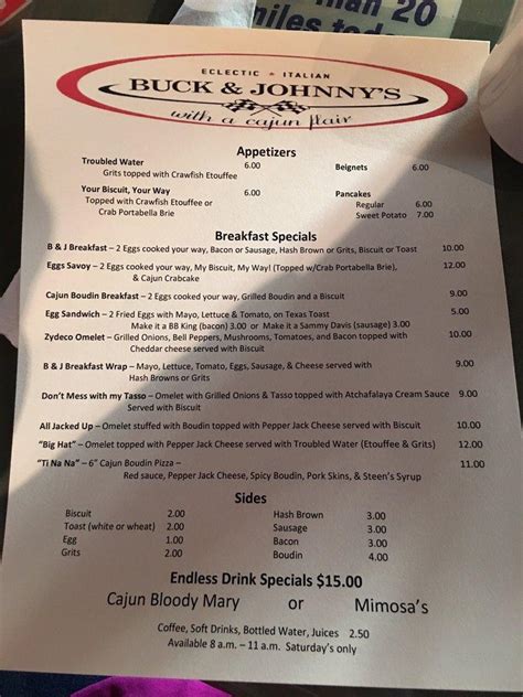 Menu at Buck & Johnny's: Eclectic Italian with a Cajun Flair pizzeria ...