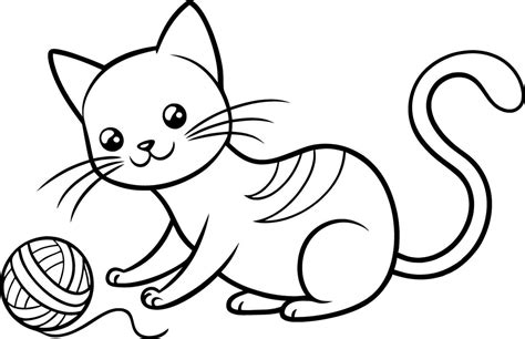 Cat Playing With Yarn Coloring Page Simple Outline Vector