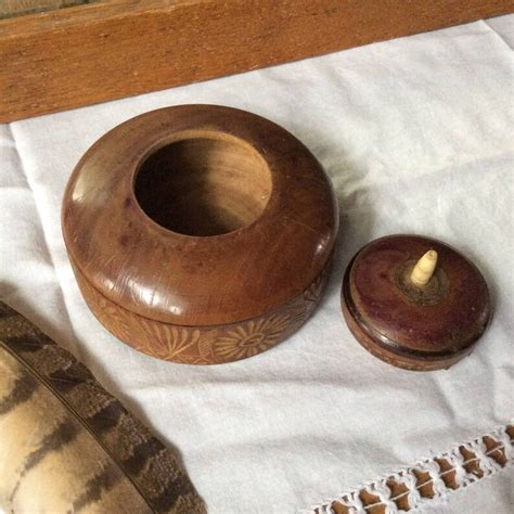 Antique Carved Wooden Box Round Trinket Jewelry Box With Bone Etsy