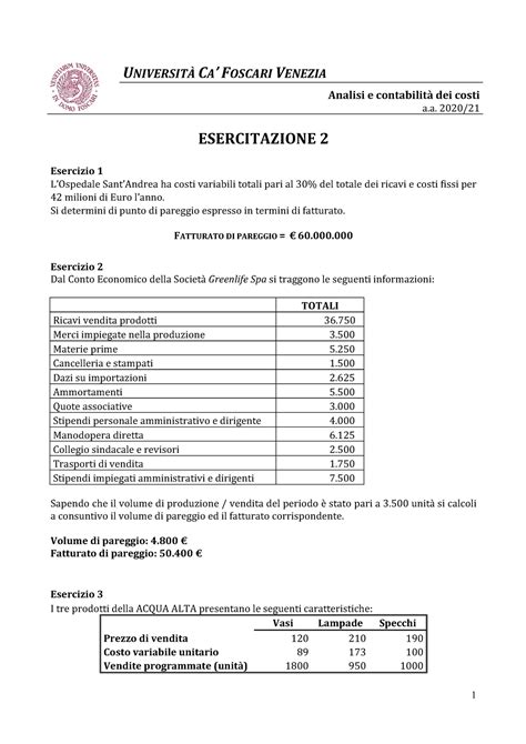 Esercitazione 2 con soluzioni UNIVERSITÀ CA FOSCARI VENEZIA Analisi