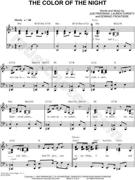 The Color Of The Night From The Color Of Night Sheet Music In D