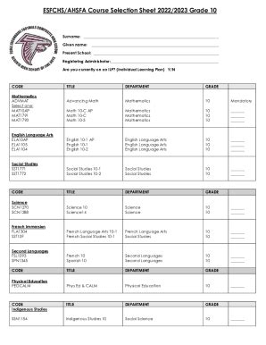 Fillable Online Esfchs Ahsfa Course Selection Sheet Grade