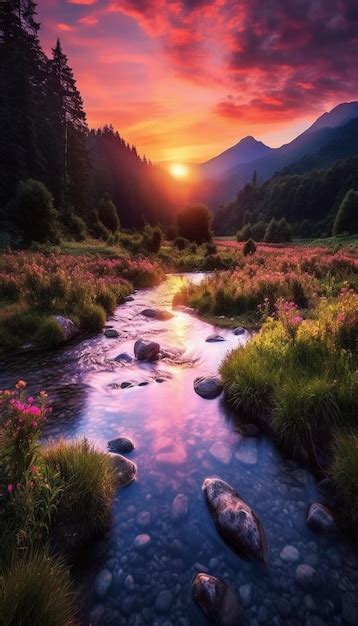 Premium AI Image | Sunset over a mountain river wallpaper