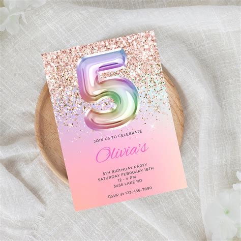 Editable 5th Birthday Invitation Template Pink Glitter Rainbow Holographic Girl 5th Birthday