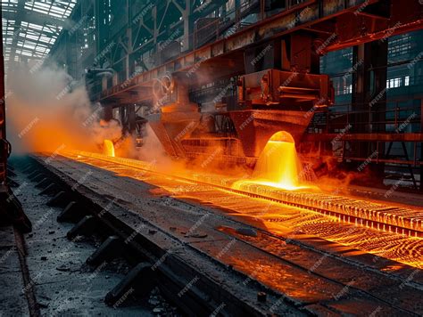 Molten Metal Flows Through Steel Mill Channel During Industrial