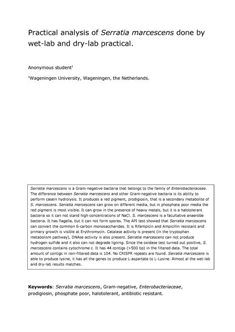 Report Practicum Practical Analysis Of Serratia Marcescens Done By