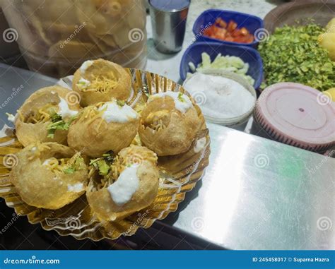 Phuchka Or Panipuri Or Golgappa Served On A Plate With Curd Or Dahi In