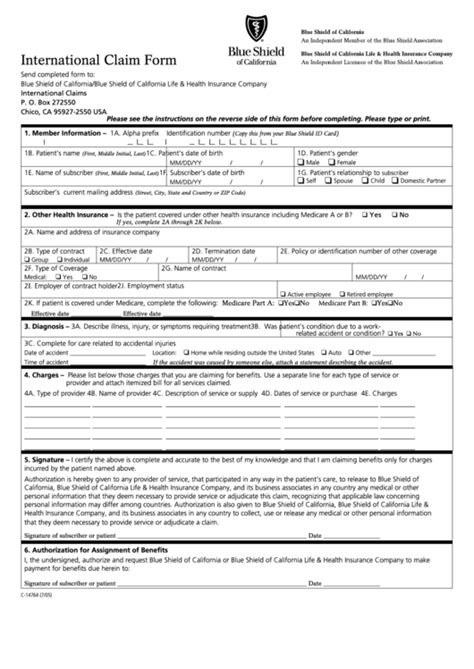 Form C 14764 International Claim Form Blue Shield Of California