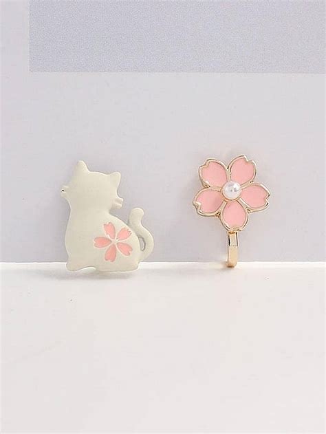 Flower Cat Decor Mismatched Stud Earrings Shein Usa