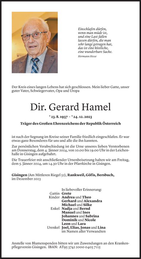 Todesanzeigen Von Hamel Gerard Todesanzeigen Vorarlberger Nachrichten