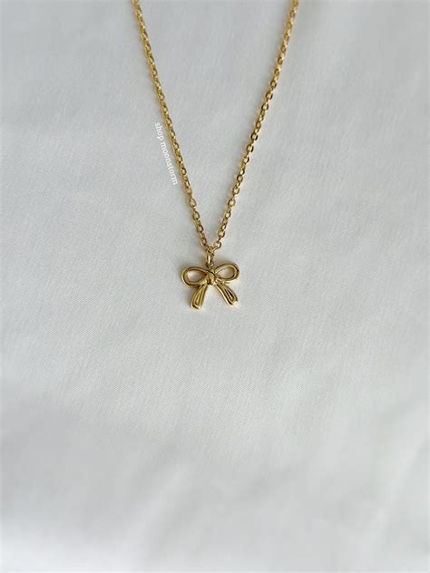 Gold Ribbon Bow Necklace Unisex Stainless Steel Silver No Tarnish