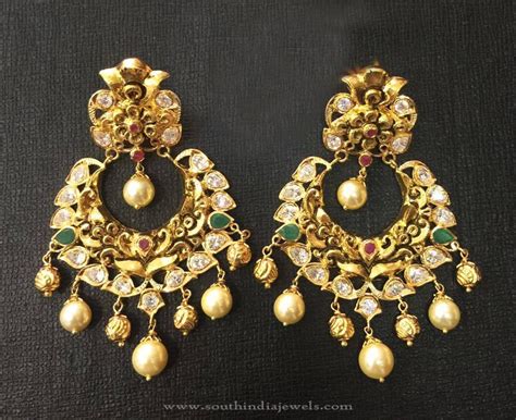 22K Gold Antique Chandbali Earrings South India Jewels