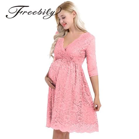 Womens Maternity Elegant High Waist Floral Lace Dress Overlay V Neck