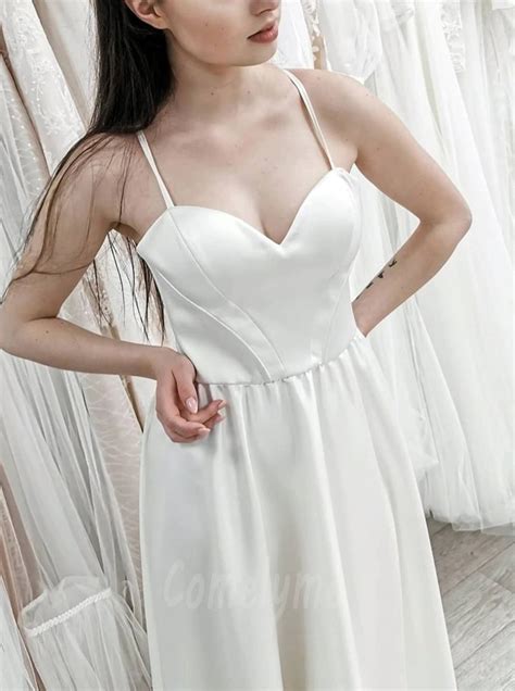 A Line Spaghetti Straps Tea Length Satin Wedding Reception Dress