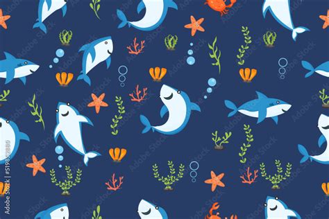 Cute Sharks Pattern Cartoon Shark Seaweed Print Sea Wildlife