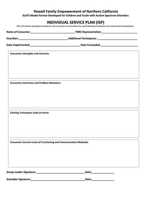 Fillable Individual Service Plan Isp Template Printable Pdf Download