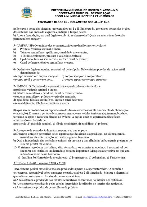 Escola Municipal Rozenda Zane Moraes Atividades De CiÊncias 8º Ano