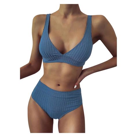 Tosmy Women Bikini Set Women Striped Push Up High Cut Hight Waist