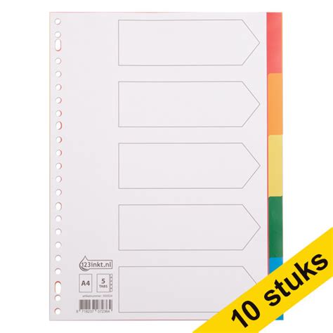 Aanbieding 10x 123inkt Plastic Tabbladen A4 Gekleurd Met 5 Tabs 23