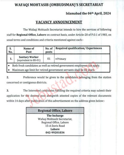 New Wafaqi Mohtasib Secretariat Jobs In Lahore April Advertisement