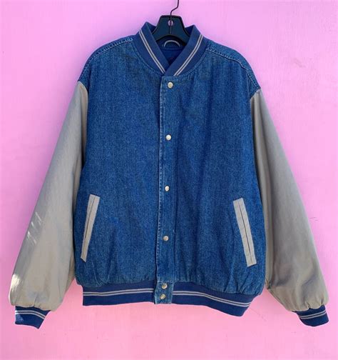 1990s Thick Insulated Denim Snap Up Varsity Jacket Boardwalk Vintage