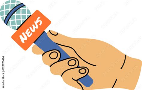 Human hand holding microphone, news, journalist clip art in modern flat line style. Hand drawn ...