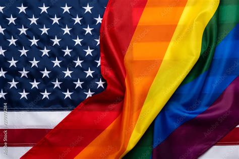 Pride Rainbow Lgbt Gay Flag Over American Flag Equality Diversity Freedom In USA Concept