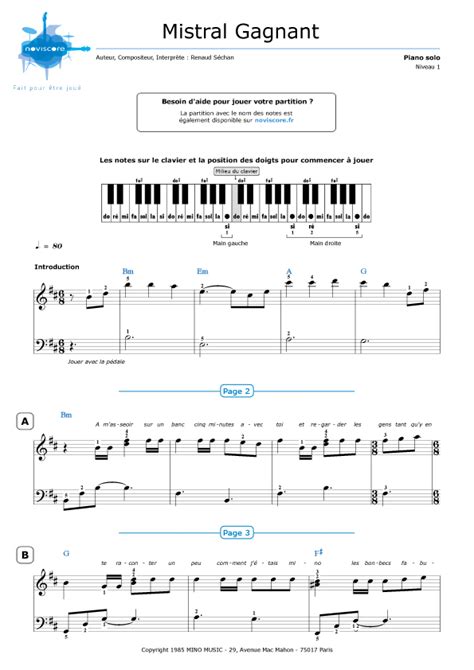 Partition Piano Mistral Gagnant Renaud Partitions Noviscore