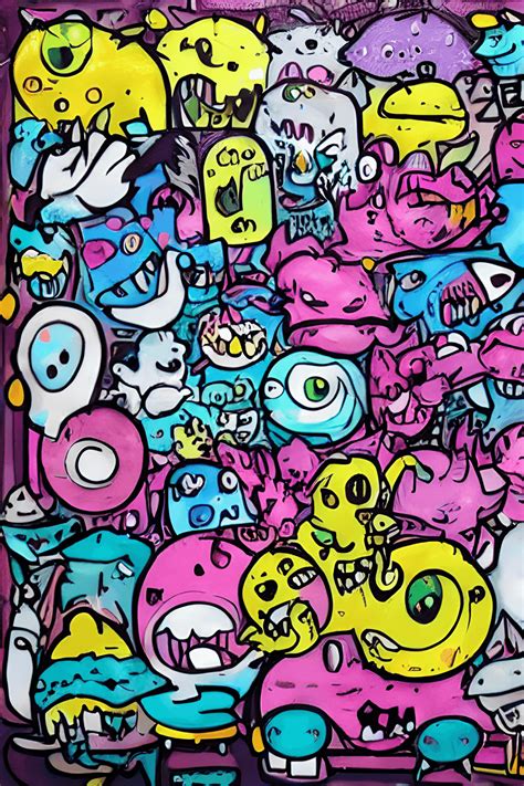 Cute Monsters Graffiti Doodle Art Kawaii Style Neon Light Night