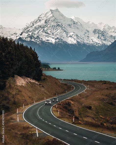 Scenic Winding Road Along Lake Pukaki To Mount Cook National Park