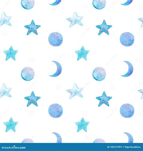 Watercolor Hand Drawn Seamless Pattern With Abstract Blue Stars And