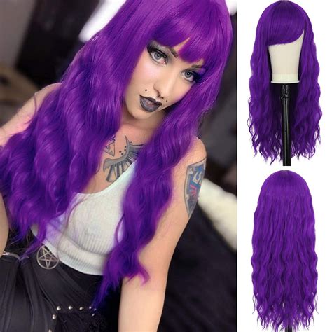 Fover Long Purple Wigs For Women Curly Wavy Purple Wig With Bangs 26 Cute Natural