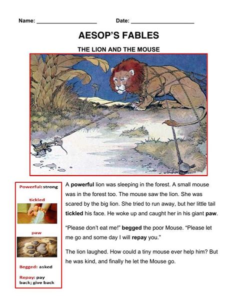 Aesops Fables The Lion And The Mouse Interactive Worksheet Lion