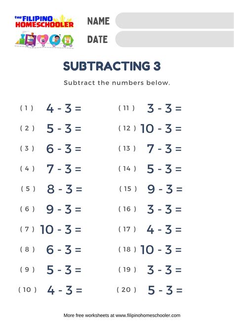 Subtraction By 3 Worksheets The Filipino Homeschooler