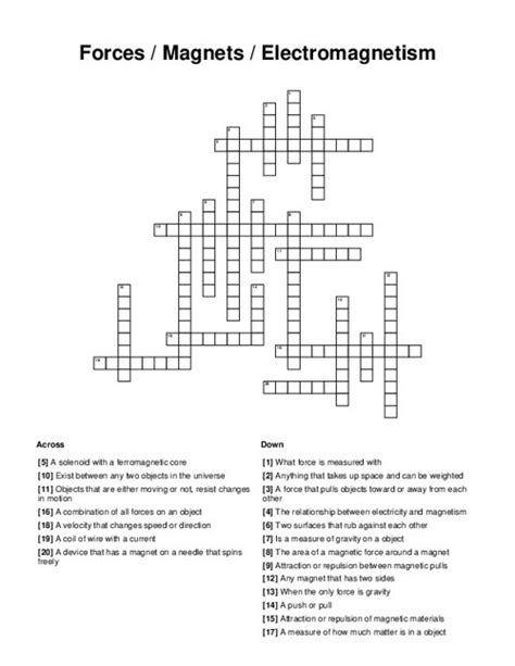 Forces Magnets Electromagnetism Crossword Puzzle