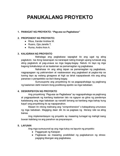 Panukalang Proyekto Filipino Panukalang Proyekto 1 Pamagat Ng