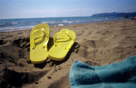 Flip Flops On Sand At Beach Stock Photo Dissolve