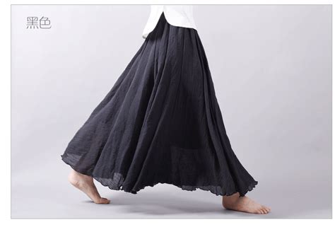 Olgitum Women Linen Cotton Long Skirts Folk Style Pleated Elastic