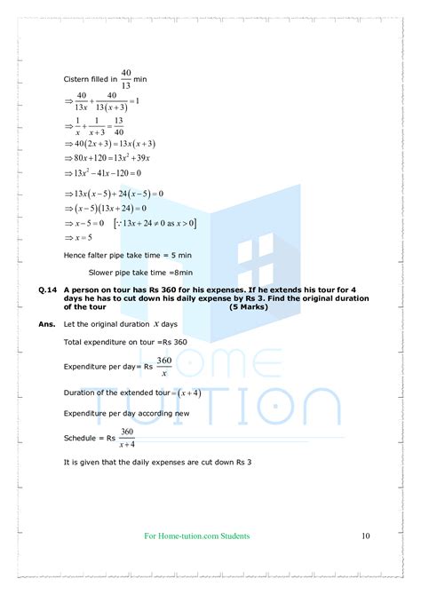 Important Questions For Class 10 Maths Chapter 4 Quadratic Equations